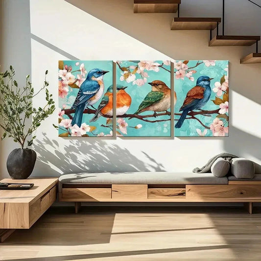 3pcs Artistic Birds Blossom Branches Spring Time Metal Print Ready to Hang Art