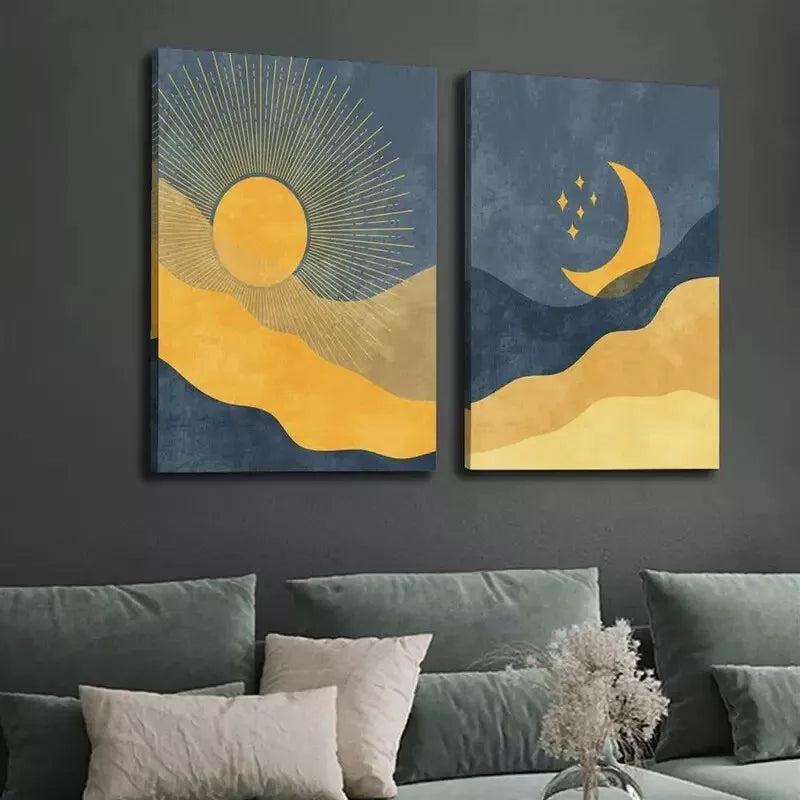 2pcs desert night scene, celestial art, sun and moon art  Canvas Framed 50x75cm - High Quality Print 100% Australian Made Wall Canvas Ready to Hang