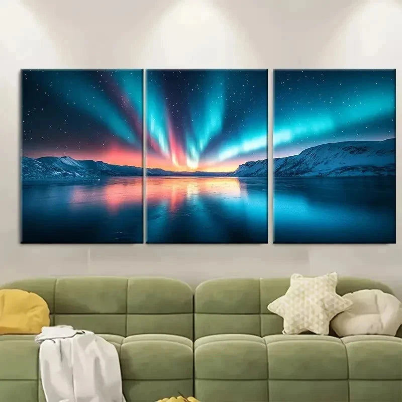 3pcs Aurora Borealis Snow Landscape EI  Wall Art Set Canvas Framed 50x70cm - High Quality Print 100% Australian Made Wall Canvas Ready to Hang