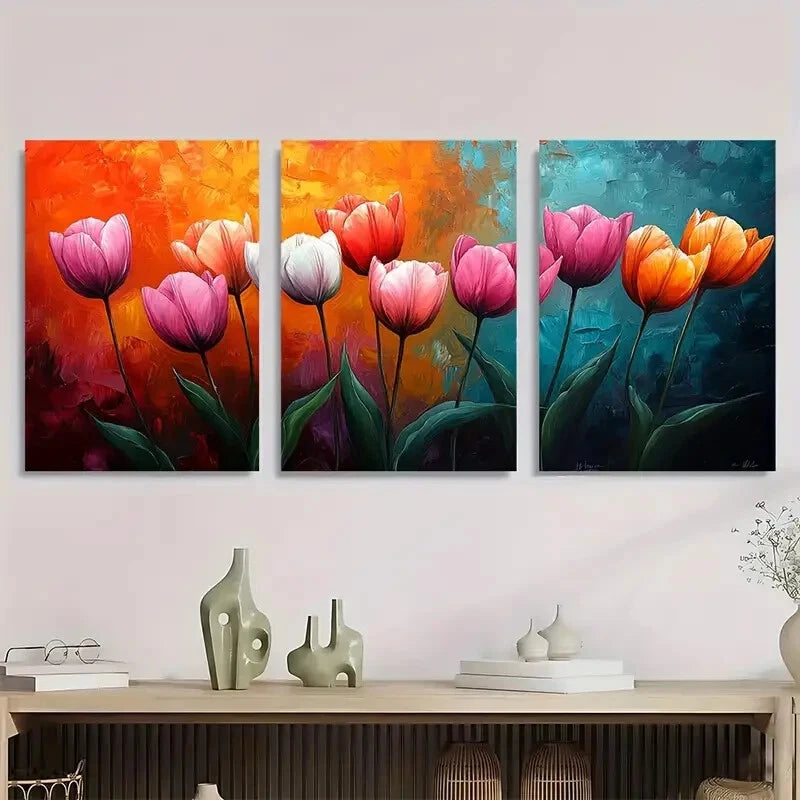 3pcs Vibrant Colorful Tulip Abstract Metal Print Ready to Hang Art