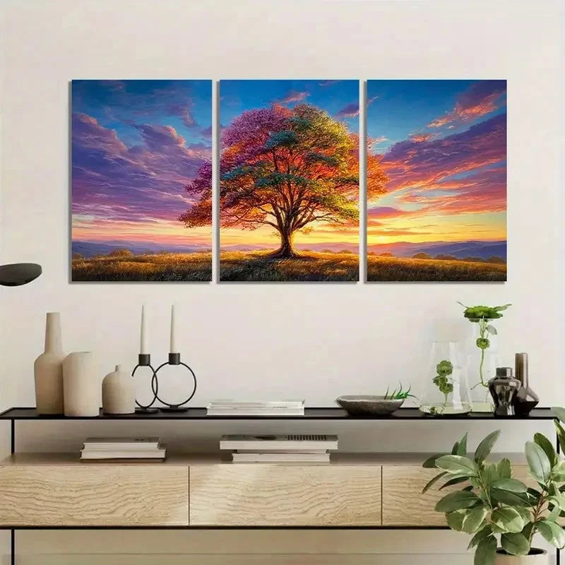 3pcs Vibrant Tree in Open Field Art Painting Metal Print Ready to Hang Art