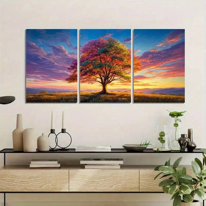 3pcs Vibrant Tree in Open Field Art Painting Metal Print Ready to Hang Art