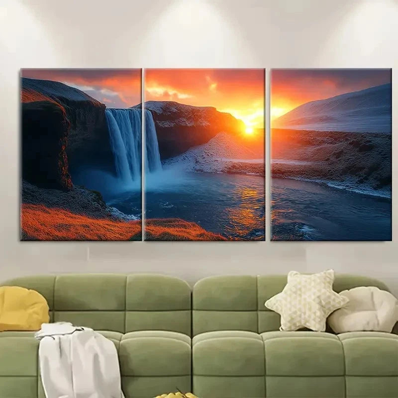 3pcs Godafoss Waterfall Sunset Metal Print Ready to Hang Art