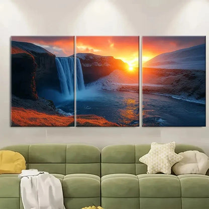 3pcs Godafoss Waterfall Sunset Metal Print Ready to Hang Art