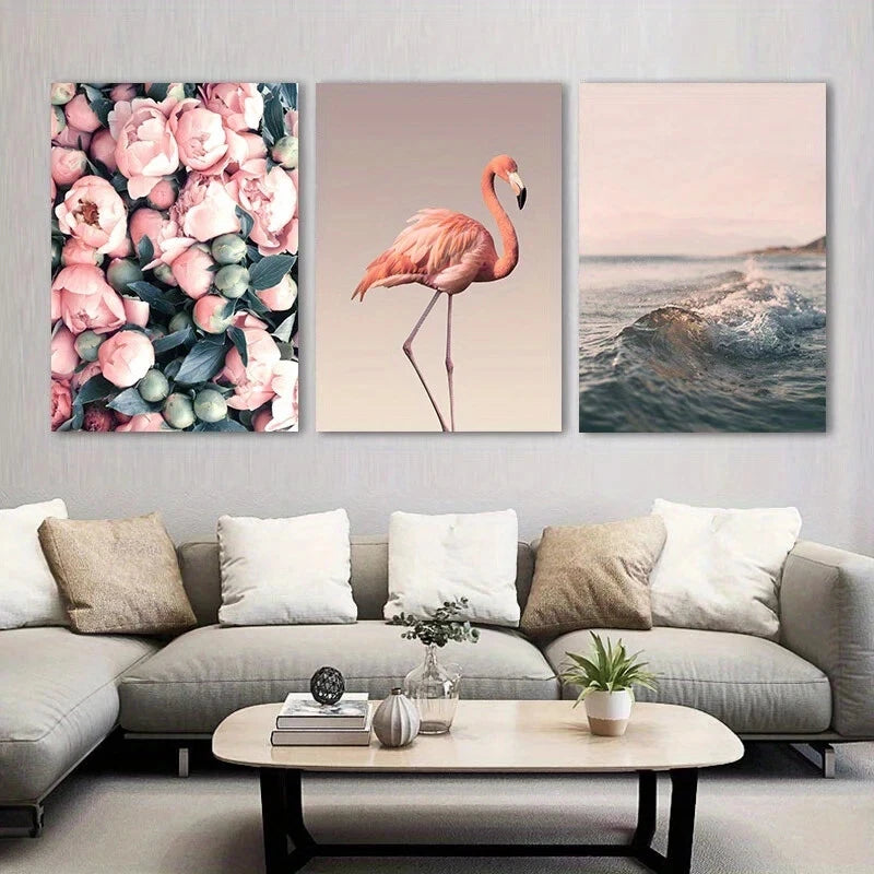 3pcs Romantic Flamingo Beach Flowers Metal Print Ready to Hang Art