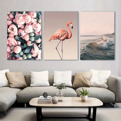 3pcs Romantic Flamingo Beach Flowers Metal Print Ready to Hang Art