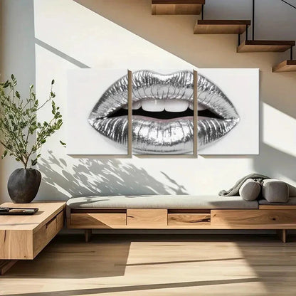 3pcs Silvery Metallic Lips Art Glamorous Design Metal Print Ready to Hang Art