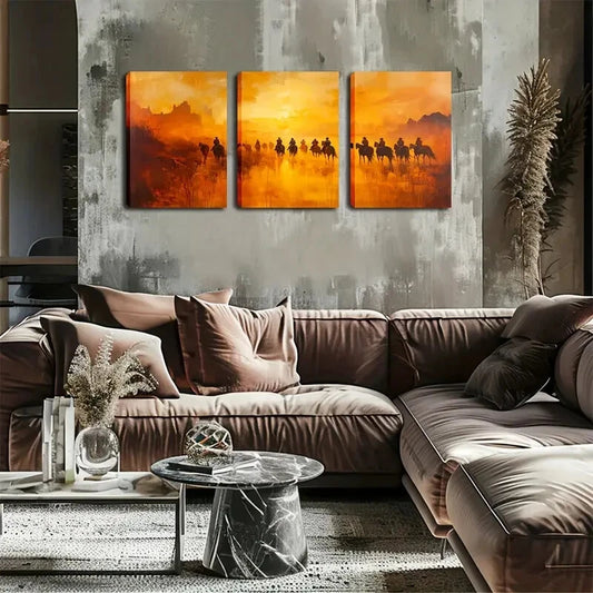 3pcs Horses Under Retro Dusk Triptych Perfect Wall Art Set Canvas Framed 40x60cm - High Quality Print 100% Australian Made Wall Canvas Ready to Hang