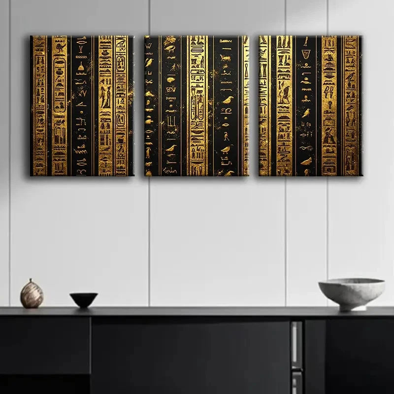 3pcs Golden Egyptian Hieroglyphics Metal Print Ready to Hang Art