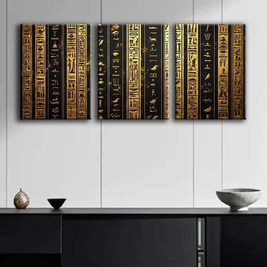 3pcs Golden Egyptian Hieroglyphics Metal Print Ready to Hang Art