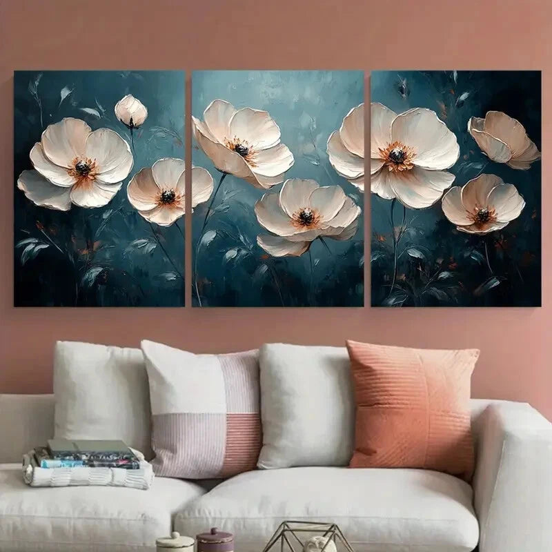 3pcs White Floral Abstract Modern Textured Metal Print Ready to Hang Art