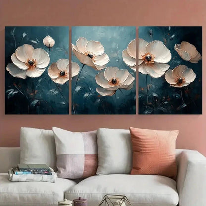 3pcs White Floral Abstract Modern Textured Metal Print Ready to Hang Art