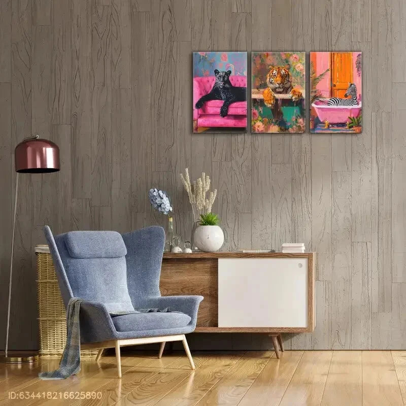 3pcs Black Panther on Pink Sofa Bright Color Metal Print Ready to Hang Art