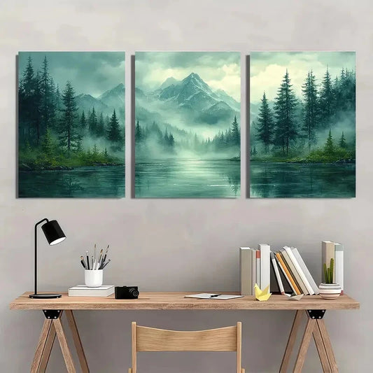 3pcs Mount Rainier Painting Foggy Forest Metal Print Ready to Hang Art