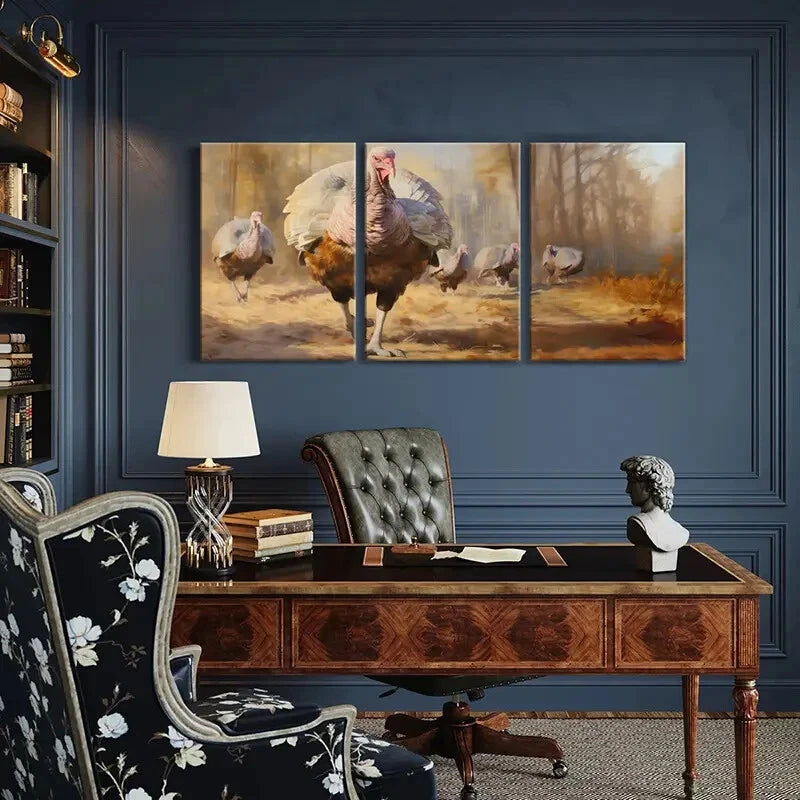 3pcs Autumn Forest Turkey Flock Art Print Metal Print Ready to Hang Art