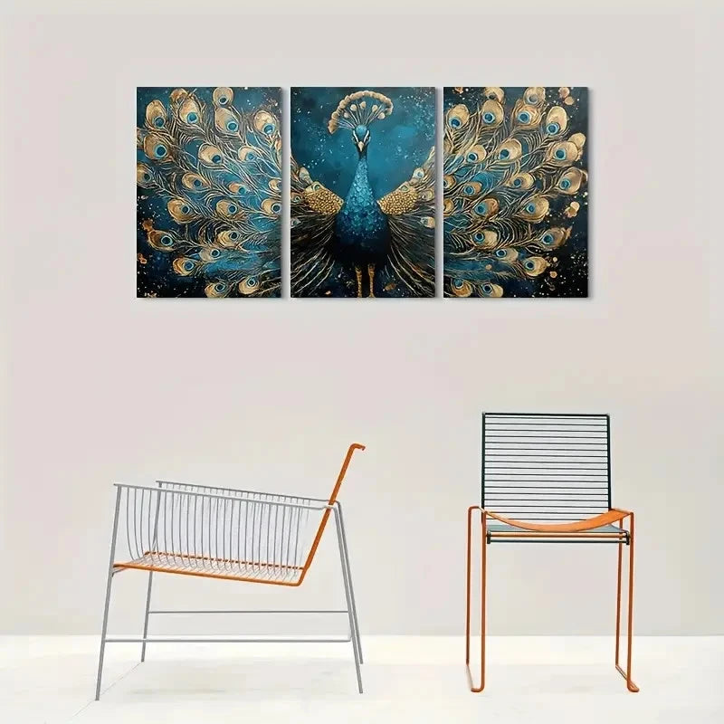 3pcs Blue and Golden Peacock Metal Print Ready to Hang Art