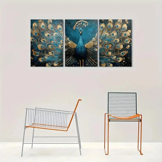 3pcs Blue and Golden Peacock Metal Print Ready to Hang Art