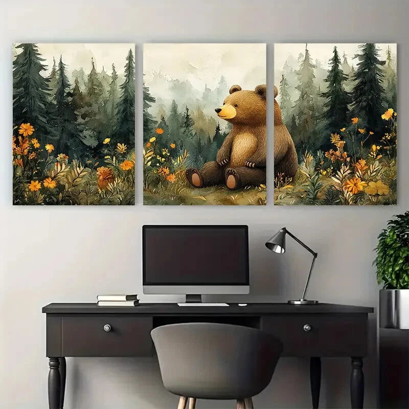 3pcs Whimsical Woodland Bear Forest Scene Metal Print Ready to Hang Art