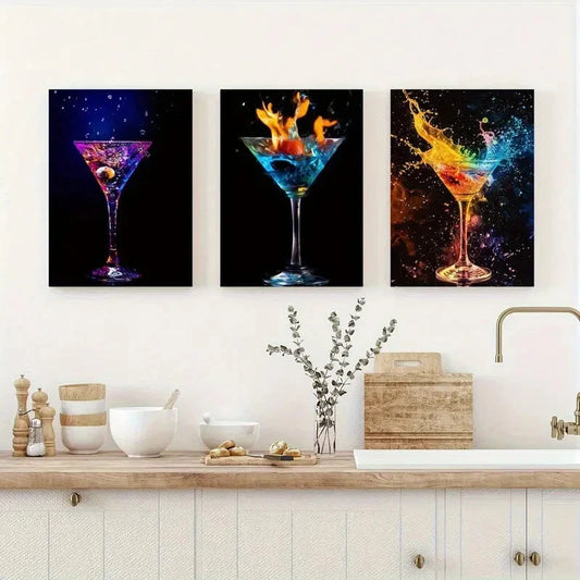 3pcs Abstract Flaming Martini Glass Metal Print Ready to Hang Art