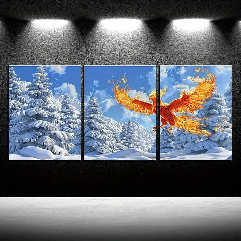 3pcs Vibrant Ice and Fire Phoenix Illustration Metal Print Ready to Hang Art