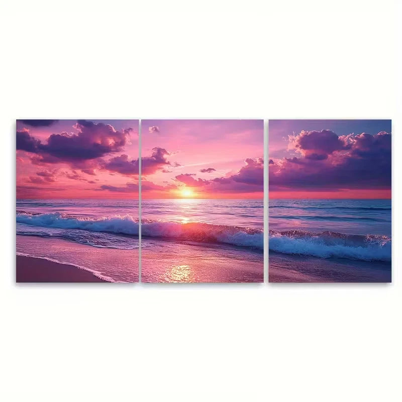 3pcs Mediterranean Beach Calming Pink Sunset Metal Print Ready to Hang Art