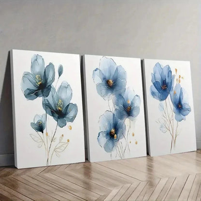 3pcs Modern Abstract Blue Floral Wall Art Set Canvas Framed 50x70cm - High Quality Print 100% Australian Made Wall Canvas Ready to Hang