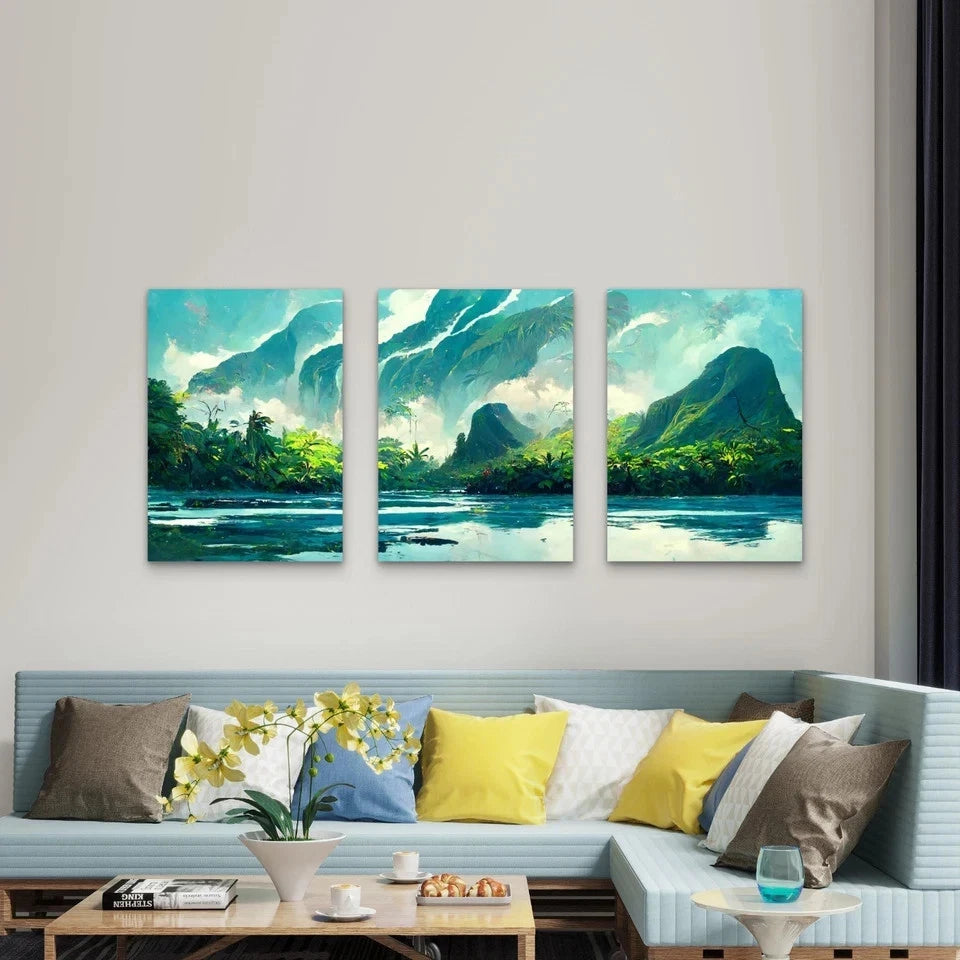 3pcs Tropical Teal Watercolor Mountain Island Wall Art Set Canvas Framed 50x70cm - High Quality Print 100% Australian Made Wall Canvas Ready to Hang