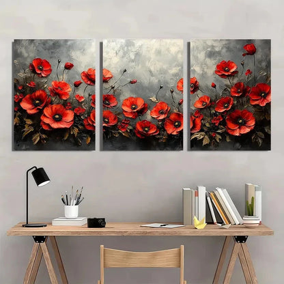 3pcs Red Poppies And Roses On A Gray Background Metal Print Ready to Hang Art