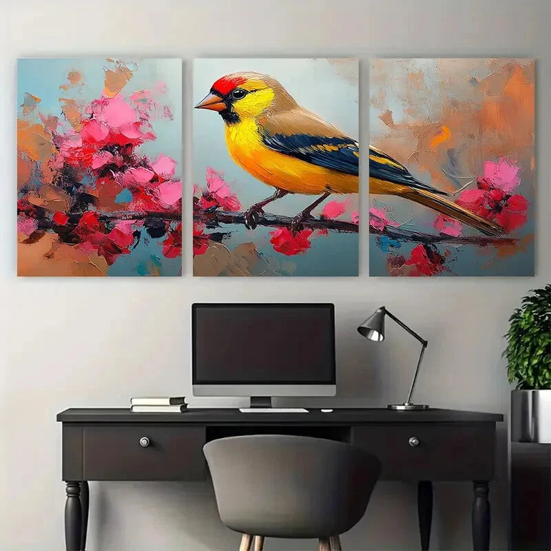 3pcs Vibrant Yellow Goldfinch on Branch Metal Print Ready to Hang Art