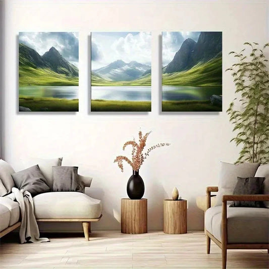 3pcs Green Mountain Lake Valley Landscape Metal Print Ready to Hang Art