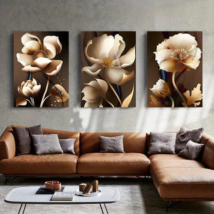 3pcs Golden & White Flowers Beautiful Metal Print Ready to Hang Art