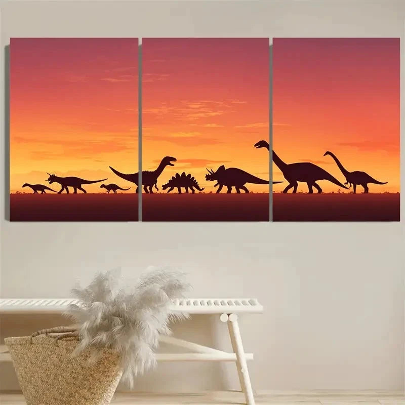 3pcs Dinosaur Silhouettes T Rex Triceratops Art Wall Art Set Canvas Framed 40x60cm - High Quality Print 100% Australian Made Wall Canvas Ready to Hang
