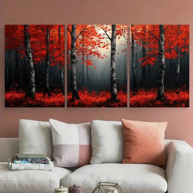3pcs Birch Tree Forest Red Leaves Abstract Metal Print Ready to Hang Art