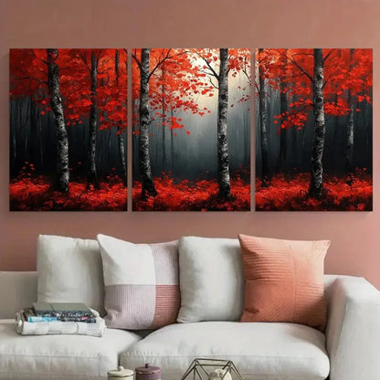 3pcs Birch Tree Forest Red Leaves Abstract Metal Print Ready to Hang Art