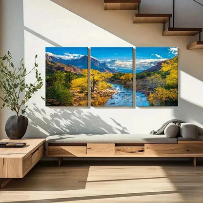 3pcs Mountains Forest and River Modern Wall Art Set Canvas Framed 60x90cm - High Quality Print 100% Australian Made Wall Canvas Ready to Hang