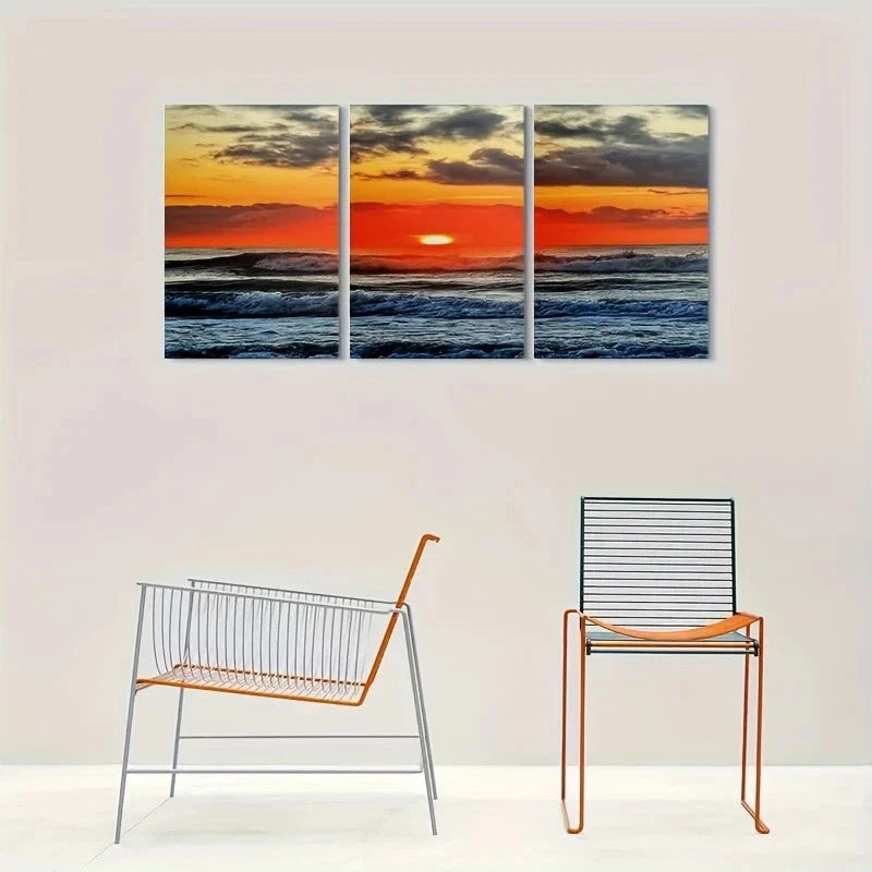 3pcs Sunset Over Ocean Waves Serene Nature Scene Metal Print Ready to Hang Art