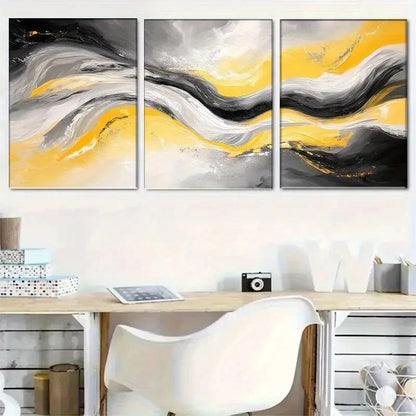 3pcs Modern Abstract Yellow Grey and Black Metal Print Ready to Hang Art