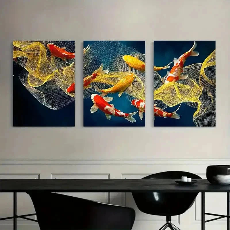 3pcs Golden and Red Koi Fish in Dark Water Metal Print Ready to Hang Art