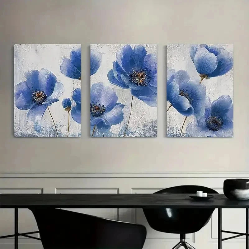 3pcs Blue Floral Design with Golden Accents Metal Print Ready to Hang Art