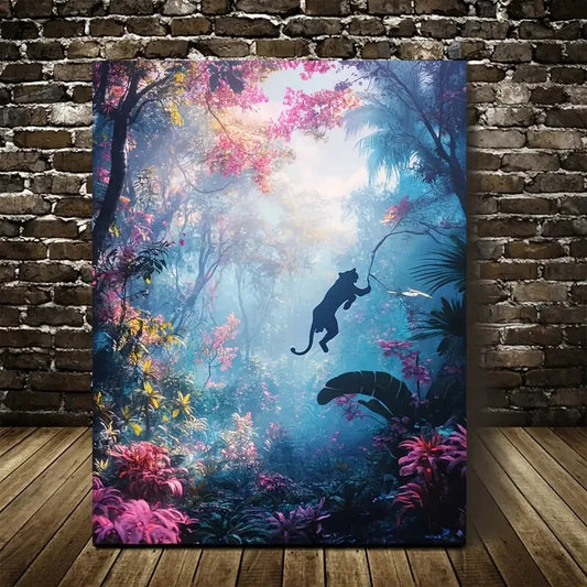 Vibrant Panther Swinging in Magical Forest Painting 40x60cm Metal Print Ready to Hang