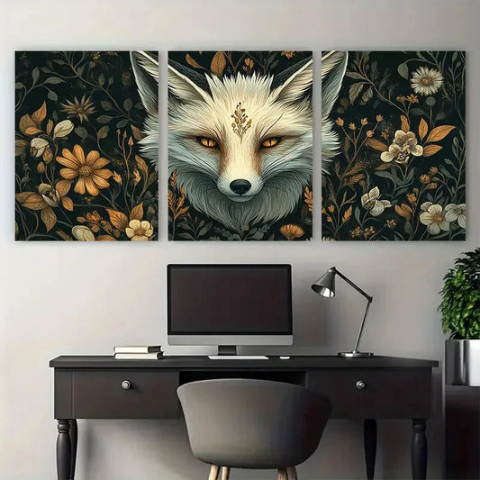 3pcs Vintage Aesthetic Floral White Fox Wall Art Set Canvas Framed 50x70cm - High Quality Print 100% Australian Made Wall Canvas Ready to Hang