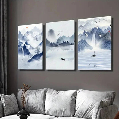 3pcs Sky Blue Boat Water & Mountain Landscape Wall Art Set Canvas Framed 40x60cm - High Quality Print 100% Australian Made Wall Canvas Ready to Hang