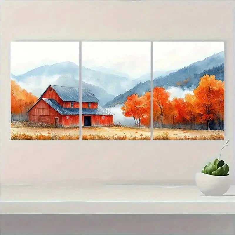 3pcs Orange Fall Leaves & Misty Blue Perfect Wall Art Set Canvas Framed 40x60cm - High Quality Print 100% Australian Made Wall Canvas Ready to Hang