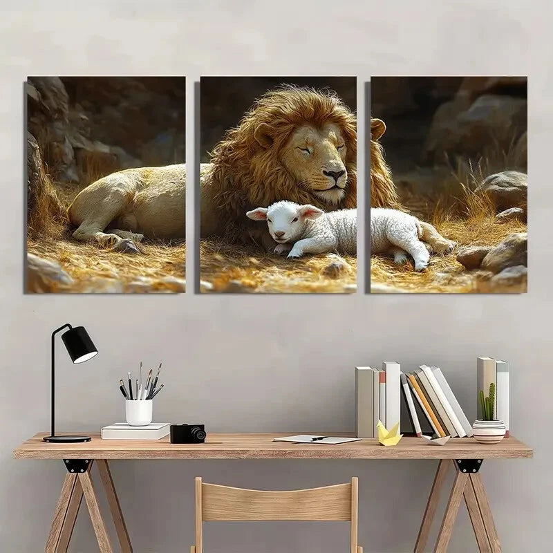 3pcs Lion and Lamb Animal Themed Metal Print Ready to Hang Art