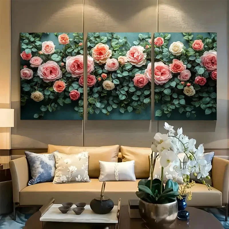 3pcs Pink Rose & Green Foliage Botanical Elegance Metal Print Ready to Hang Art
