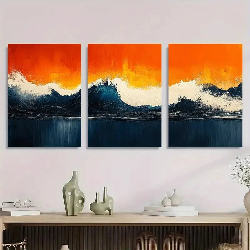 3pcs Abstract Ocean Vibrant Sunset & Wave Design Metal Print Ready to Hang Art