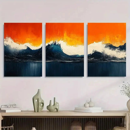 3pcs Abstract Ocean Vibrant Sunset & Wave Design Metal Print Ready to Hang Art