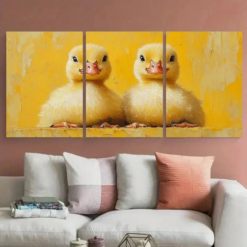 3pcs Vibrant Baby Ducks Illustration Metal Print Ready to Hang Art