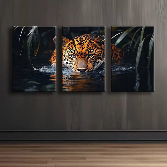 3pcs Luxurious Swimming Leopards Wall Art Set Canvas Framed 60x90cm - High Quality Print 100% Australian Made Wall Canvas Ready to Hang