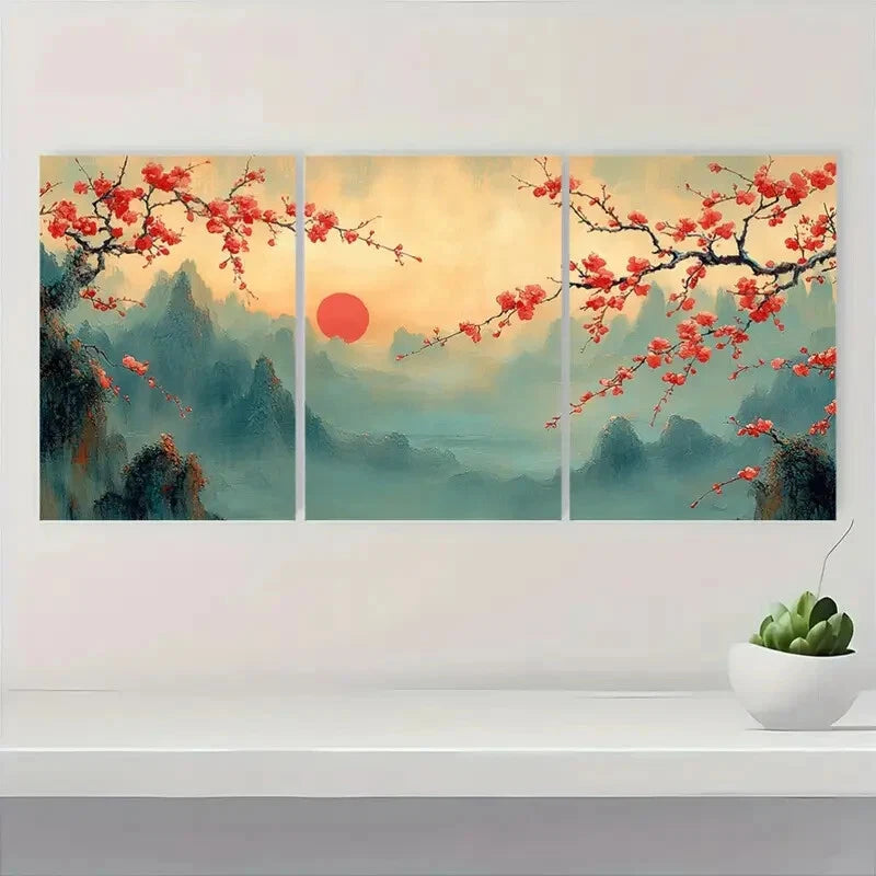 3pcs Traditional Vibrant Chinese Plum Blossom Metal Print Ready to Hang Art